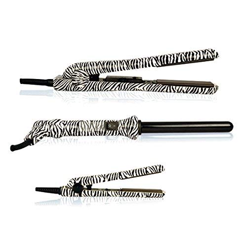 Kor Professional Styling Box Set Black / White Zebra Curling Iron + Flat Irons Dual Voltage 110v-240v