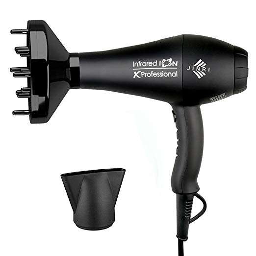 JINRI 1875W Professional Salon Hair Dryer Ionic Infrared Blow Hair Dryer With Diffuser & Concentrator Attachments for Curly Hair, Black