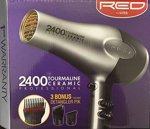 RED by KISS 2400 Tourmaline Ceramic Professional Blow Dryer with 3Bonus with DETANGLER PIK by Kiss