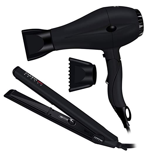 PARWIN PRO Straightener and Blow Dryer Set–1875W Foldable Hair Dryer and 1 inch Flat Iron with Travel Case, Black