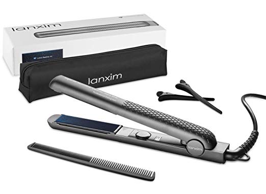 Lanxim Ceramic Tourmaline Flat Iron Hair Straightener with Travel Bag, 1 Inch Floating Plates, Gray