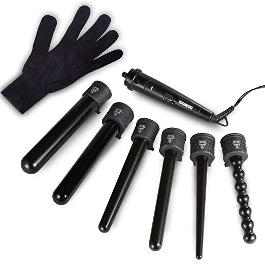 NexGadget 6 in 1 Hair Curler Wand Set with 6 Interchangeable Barrels and Heat Resistant Glove