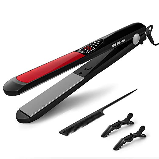 Professional Flat Iron for Hair, Hair Starightener Straightening Brush Temperature Control Dual Voltage & Auto Shut Off with LCD (Red)