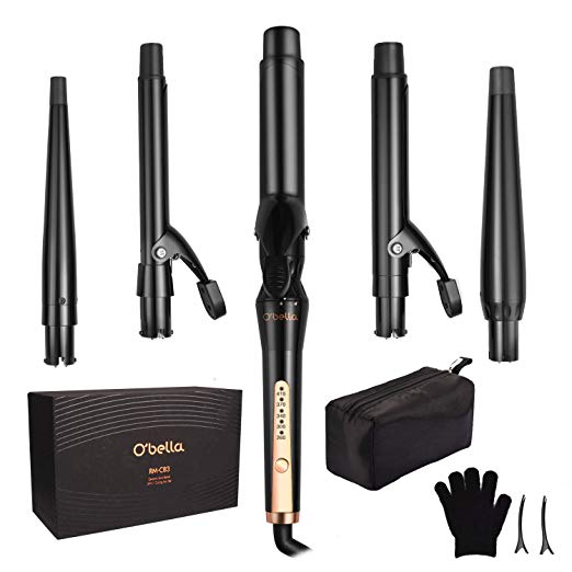 O'bella 5-in-1 Curling Iron Wand Set, Interchangeable Barrels with Ceramic Tourmaline Coating, Dual Voltage, 5 Temp Setting (260-410℉) for any Hairstyle