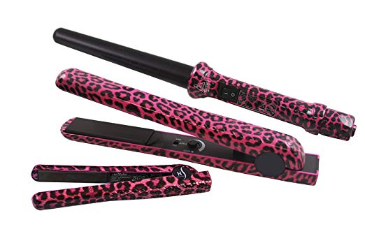 Herstyler Complete Flat Iron and Curling Iron Set, Dual Voltage, Pink Leopard Print