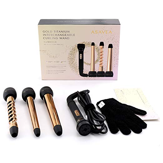 AsaVea Gold Titanium Hair Curler with Interchangeable Wands, 3 Barrels