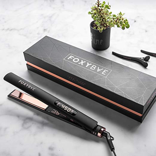 FoxyBae ROSE GOLD TRÉS SLEEK Titanium Flat Iron - Digital Temperature Control Ionic Hair Straightener with Auto Shut Off and Quick Heating, Ion plates Hair Straightening, 360° swivel cord