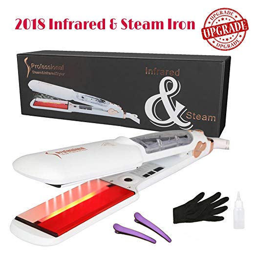 Infrared Steam Hair Straightener, Professional Salon Flat Iron 2 Inches Wide Plate Hair Steam Styler Ceramic Tourmaline Vapor Heater Hair Straightening Iron with Anion Care