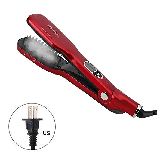 Steam Nano Ion Vented Hair Straightener Brush with 3D Teeth Comb LCD Number Display Dual Voltage Easy Use for Wet Hair Too/Ceramic Fast Heat up Best Salon Pro Choose Straightening Flat Hair Iron(Red)