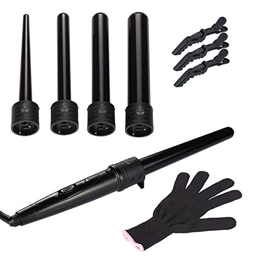 FLYMEI 5 in 1 Curling Iron Wand Set with 5 Interchangeable Ceramic Barrels and Heat Protective Glove, Bonus 3pcs of Hair Clips for Girls Women Gifts (Black)