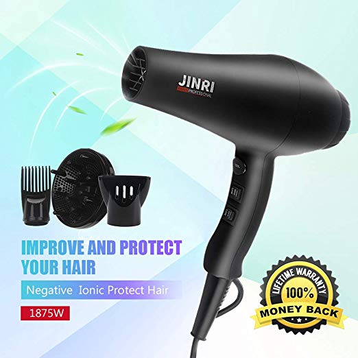 Hair Dryer with Diffuser,JINRI Hair Dryers 1875W Hairdryer Professional Negative Ions Hair Blow Dryer Far Infrared Heat 2 Speed and 3 Heat Portable Blowdryers AC Moto Hanging Ring - JR-104A Black