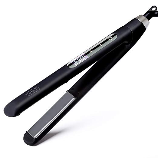 Huachi Flat Iron Titanium Ceramic Hair Straighteners, Hair Iron with 60-minutes Auto Shut Off, Hair Straightening Irons Dual Voltage for Traveling, Intelligent Touch Screen, 1 inch 9Pcs Clips for free