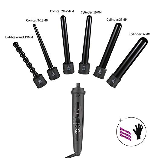 Hann 6 in 1 Hair Curler,Professional Curling Wand,Tourmaline Ceramic Hair Curler Set Roller Iron with 6 Interchangeable Barrels and Heat Resistant Glove