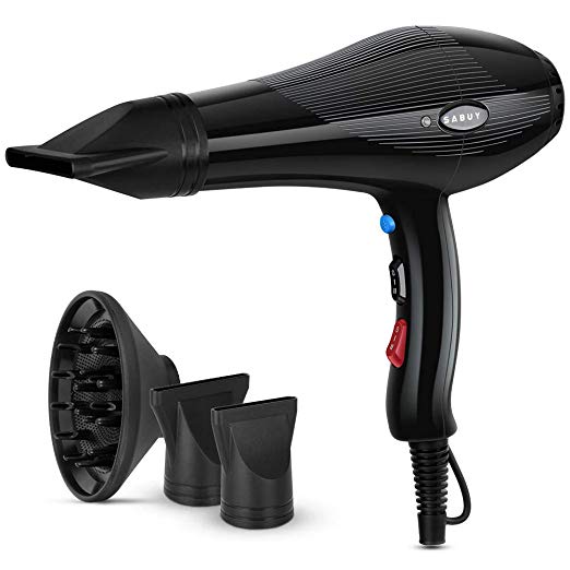 SABUY 2200W Professional Hair Dryer, Ionic Ceramic Blow Dryer with Diffuser and Concentrator Nozzles, Salon Performance, Black, IHD8501