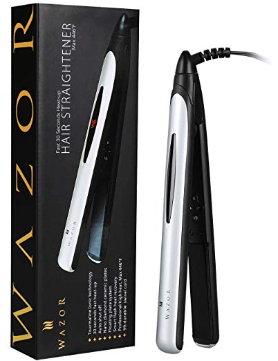 Wazor Titanium Ion plates Hair Straightener （1 Inch Pro Flat Iron） Digital LCD Display Adjustable Temperature Suitable for All Hair Types Makes Hair Shiny & Silky Heats Up Fast （silver white color）