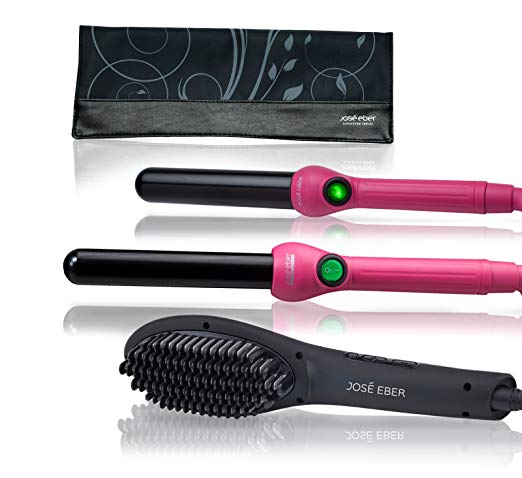 Jose Eber Clipless Curling Iron 25mm Gift Set Bundle with Clipless Curling Iron 32mm, Digital Straightening Brush, Travel Heat Mat/Case - Pink