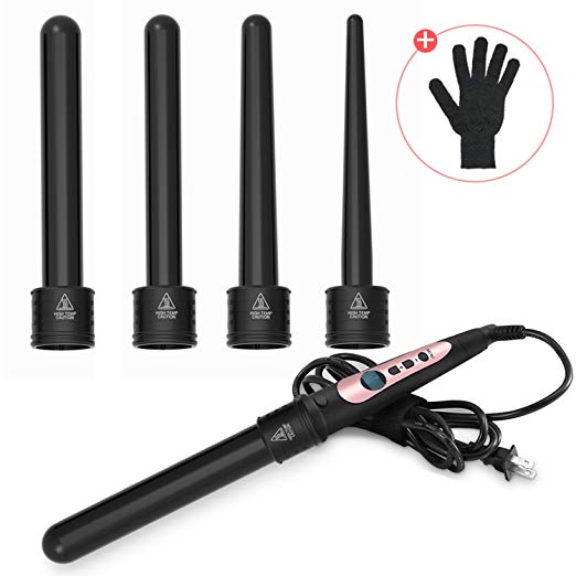 Hair Wand Curler,Banne 5 In 1 Tempreture Control Interchangeable Ceramic Barrels Curling Iron Set with Heat Protection Glove and Bobby Pins