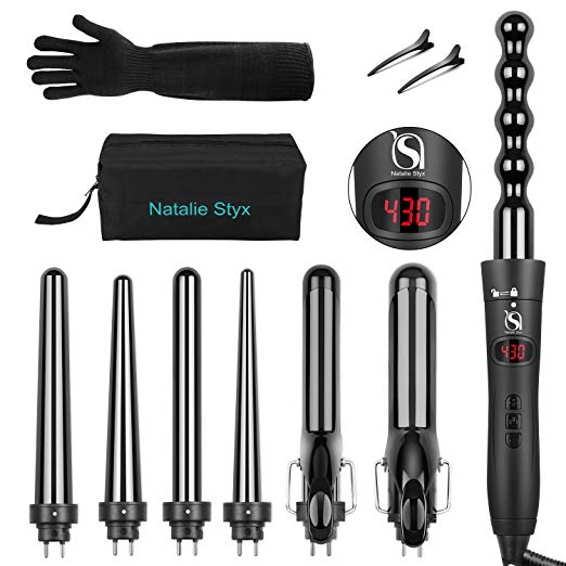 Natalie Styx Curling Iron Wand with 7 Tourmaline Ceramic Barrel, Dual Voltage Hair Curler, Digital Temp Control Wand Set for All Curls & Wave Hairstyling | Inclus Free Glove, Carry Bag, Salon Clip