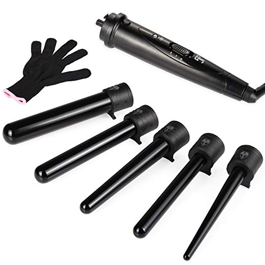 NexGadget 5 in 1 Hair Curler Wand Set with 5 Interchangeable curling iron Barrels and Heat Resistant Glove - Black