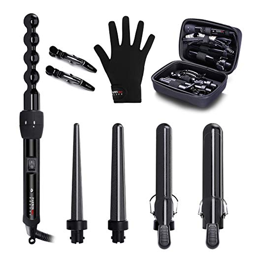 PARWIN PRO 5 in 1 Curling Iron Wand Set with 5 Interchangeable Diamond Tourmaline Ceramic Curl Iron Barrels-No Cool Tip & Travel Bag