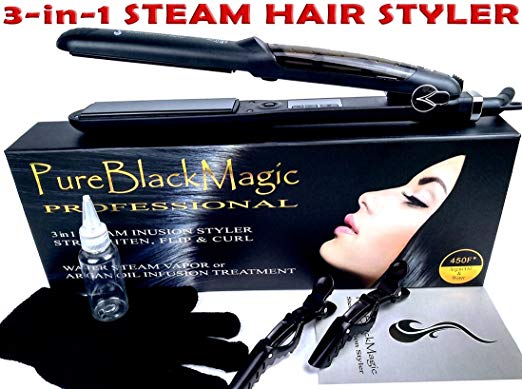 Steam Ceramic Hair Straightener Flat Iron - Professional Hair Salon Steam Styler Ionic Steamer 3-in-1 | Straightner Curler Flip-up | For Argan Oil Hair Treatment Vapor | PureBlackMagic by TRENDY PRO