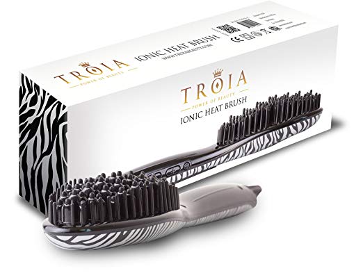 Troia- Ionic Heat Brush- metallic zebra print with heatproof travel case, hair brush straightener, ceramic heating