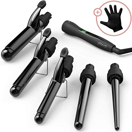 Xtava 5 in 1 Professional Curling Wand and Curling Iron Set - 0.3 to 1.25 Inch Interchangeable Ceramic Barrel Wand Curling Iron - Dual Voltage Hair Curler for All Hair Types with a Glove & Travel Case