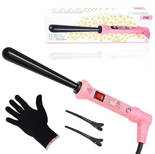 Le Angelique Reverse Tapered Curling Wand Iron With Glove And 2 Clips - 1/2 to 1 Inch (13-25mm) - Pink