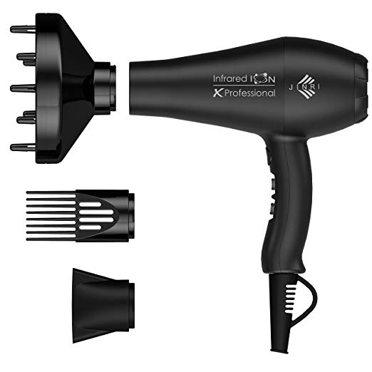 Jinri Professional Salon 1875w Far Infrared Negative Ion 2 Speeds 3 Heat Ionic Hair Dryer with Diffuser and Concentrator,Powerful,Travel hair dryer blow dryer,Black Color