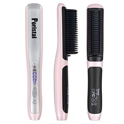 Poristal Ceramic Hair Straightener Brush, Fast Natural Straight Hair Styling, Anion Hair Care, Anti-scald Straightening Comb (Pink)